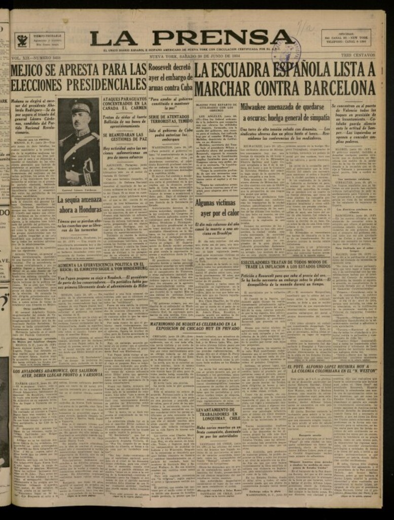Miniatura de La Prensa: único diario español e hispano americano en Nueva York del 30 de junio de 1934, nº 5438