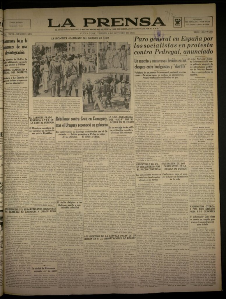 Miniatura de La Prensa: único diario español e hispano americano en Nueva York del 6 de octubre de 1933, nº 5209