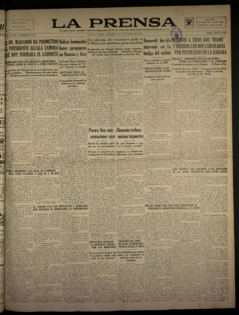 Miniatura de La Prensa: único diario español e hispano americano en Nueva York del 7 de octubre de 1933, nº 5210