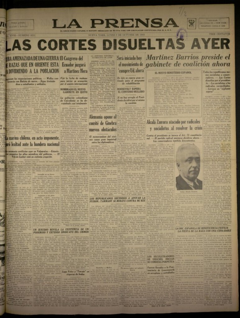 Miniatura de La Prensa: único diario español e hispano americano en Nueva York del 9 de octubre de 1933, nº 5211
