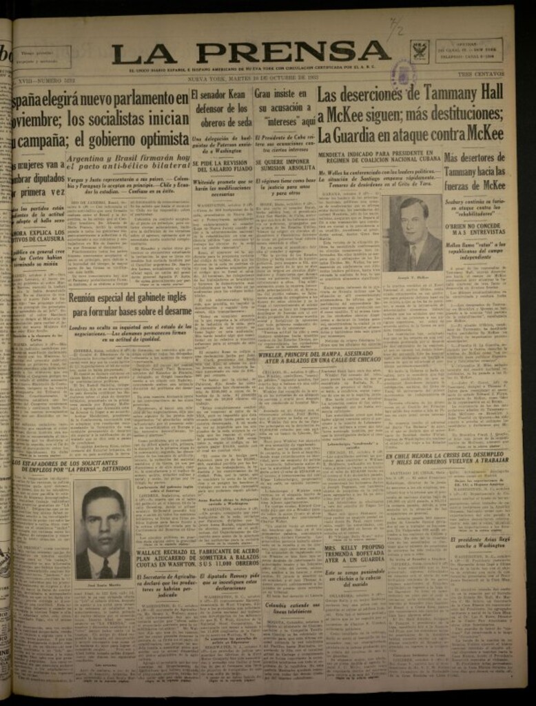 Miniatura de La Prensa: único diario español e hispano americano en Nueva York del 10 de octubre de 1933, nº 5212
