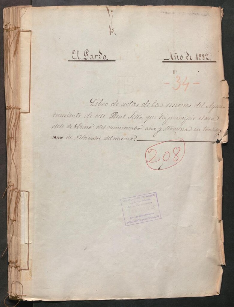 Miniatura de Actas y acuerdos del ayuntamiento de El Pardo de 1882. Libro 208.