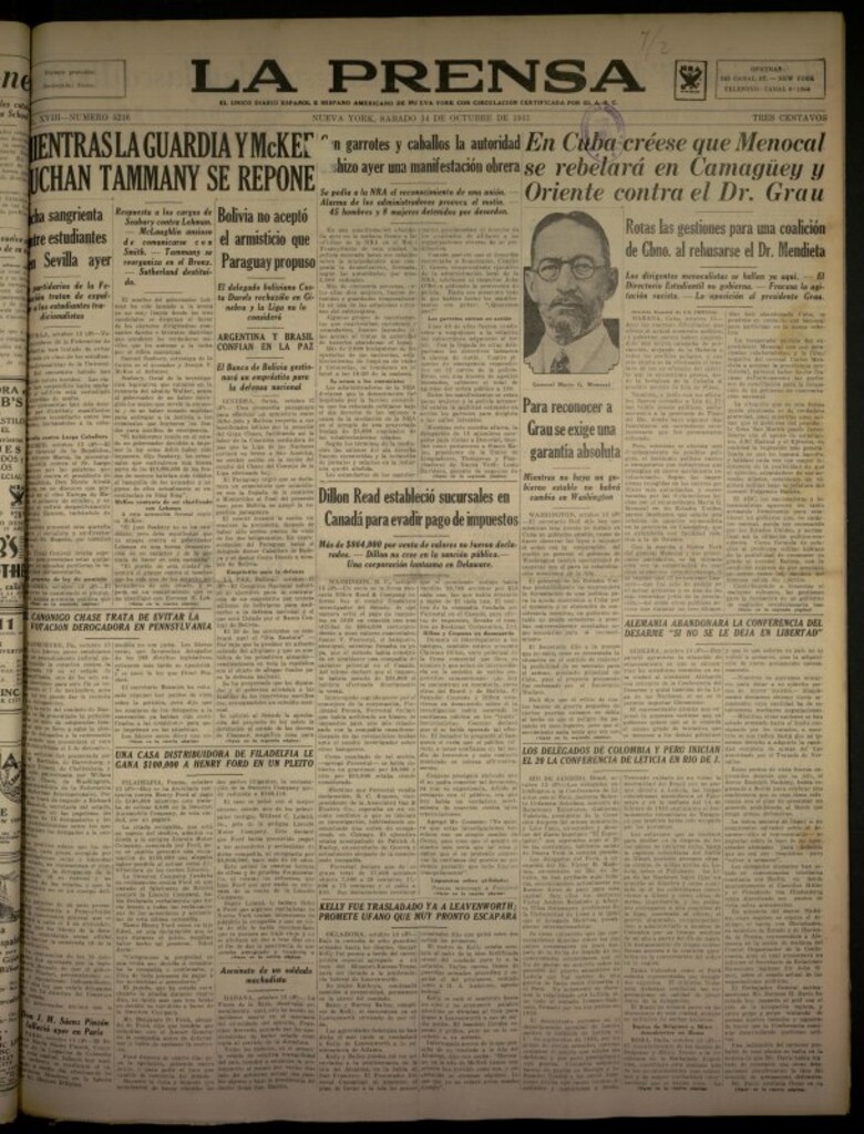 Miniatura de La Prensa: único diario español e hispano americano en Nueva York del 14 de octubre de 1933, nº 5216