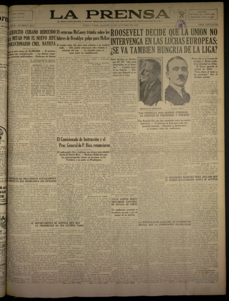 Miniatura de La Prensa: único diario español e hispano americano en Nueva York del 17 de octubre de 1933, nº 5218