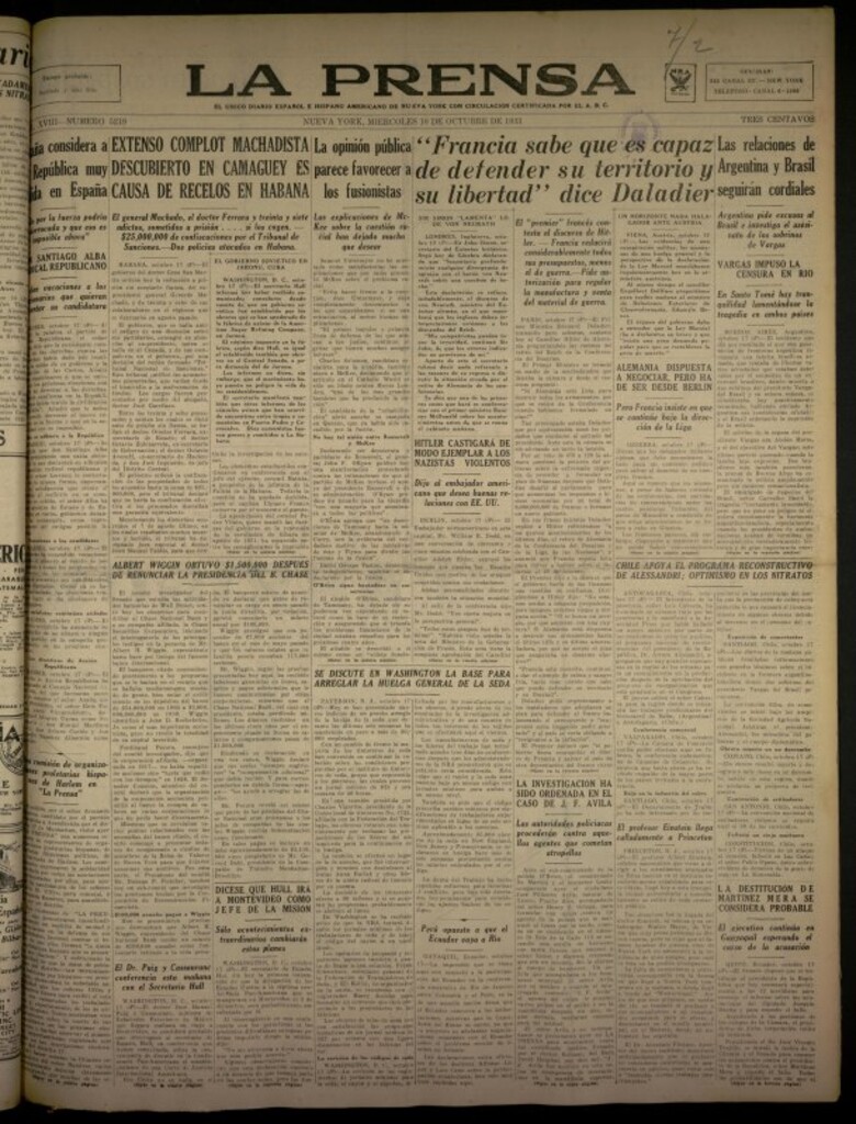 Miniatura de La Prensa: único diario español e hispano americano en Nueva York del 18 de octubre de 1933, nº 5219