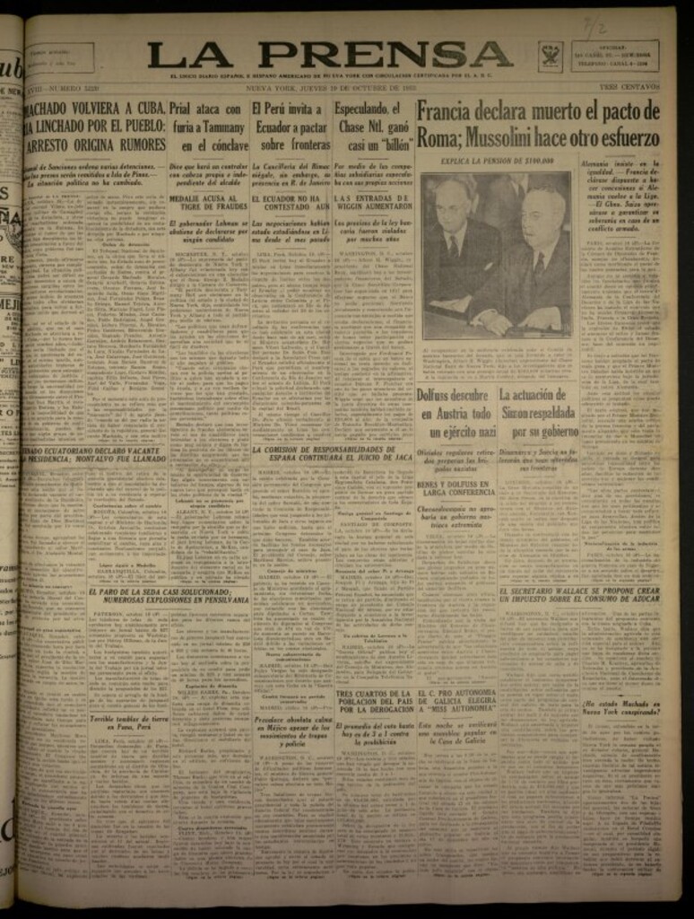 Miniatura de La Prensa: único diario español e hispano americano en Nueva York del 19 de octubre de 1933, nº 5220
