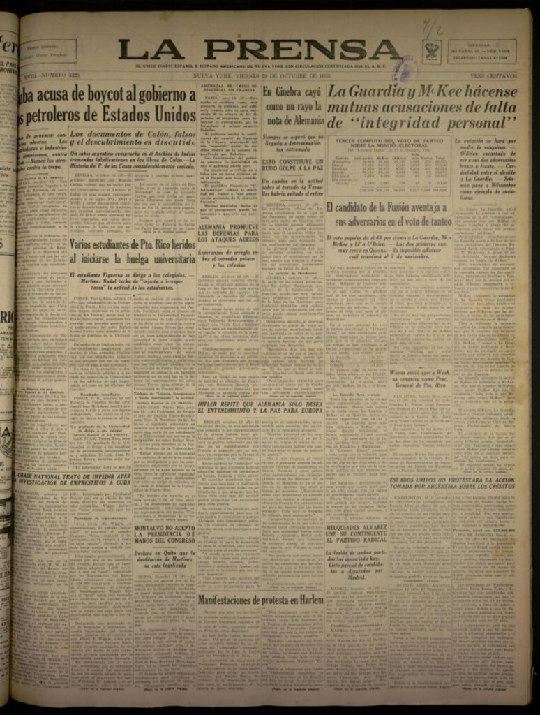 Miniatura de La Prensa: único diario español e hispano americano en Nueva York del 20 de octubre de 1933, nº 5221