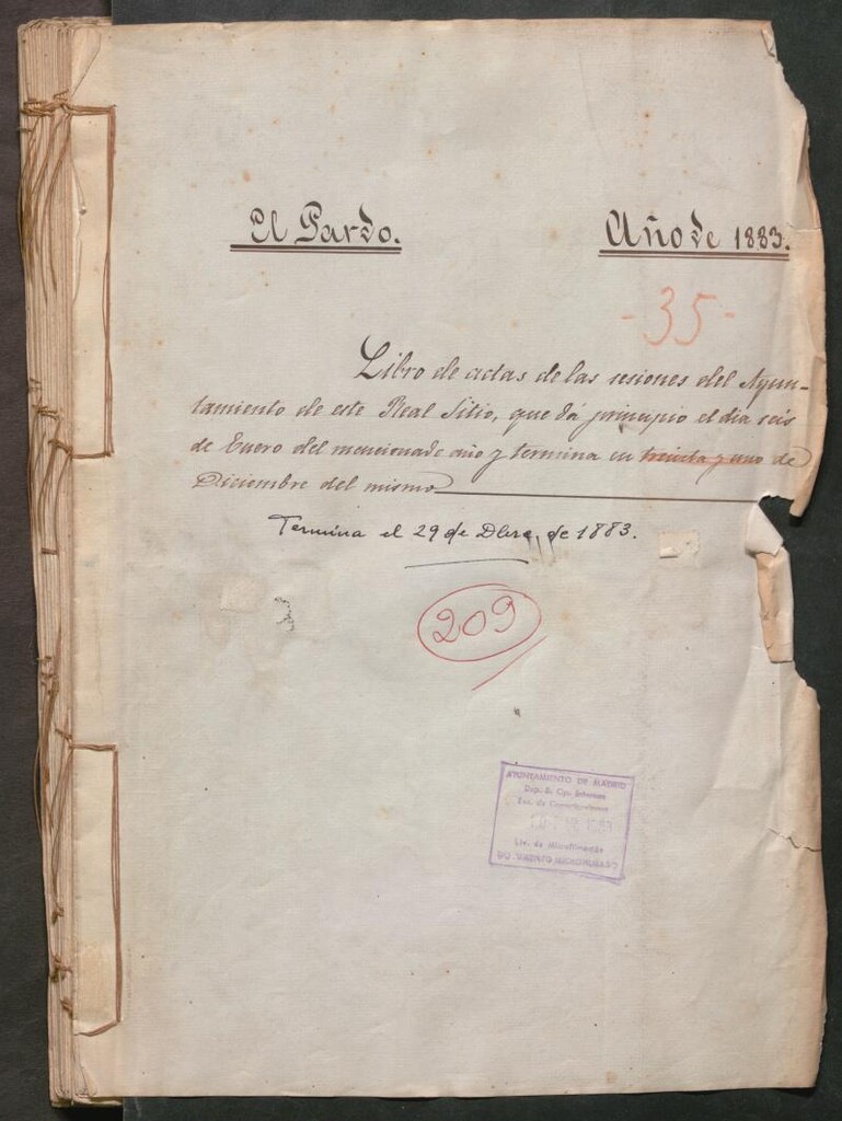 Miniatura de Actas y acuerdos del ayuntamiento de El Pardo de 1883. Libro 209.