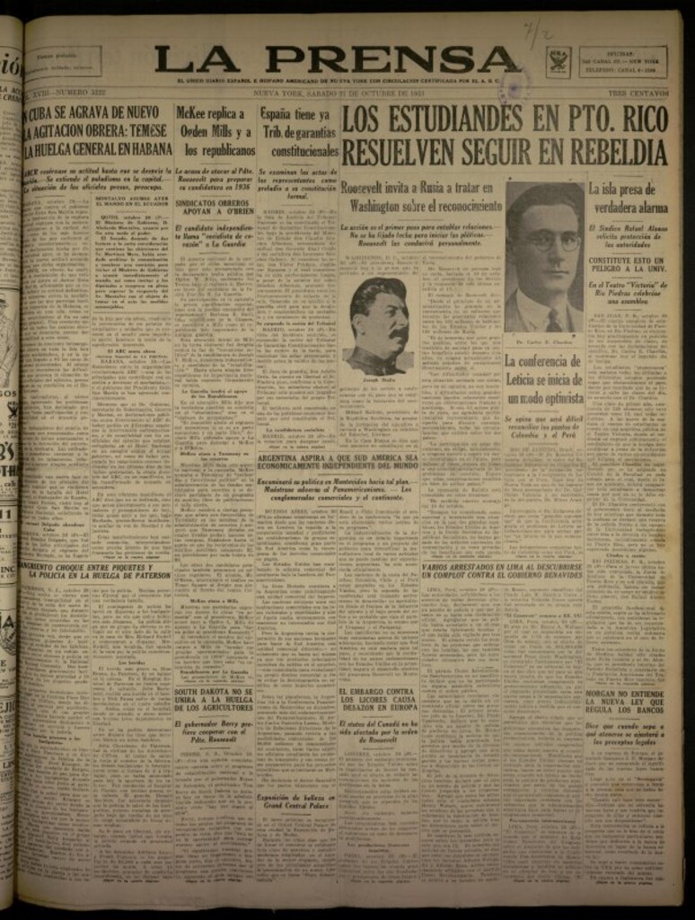 Miniatura de La Prensa: único diario español e hispano americano en Nueva York del 21 de octubre de 1933, nº 5222