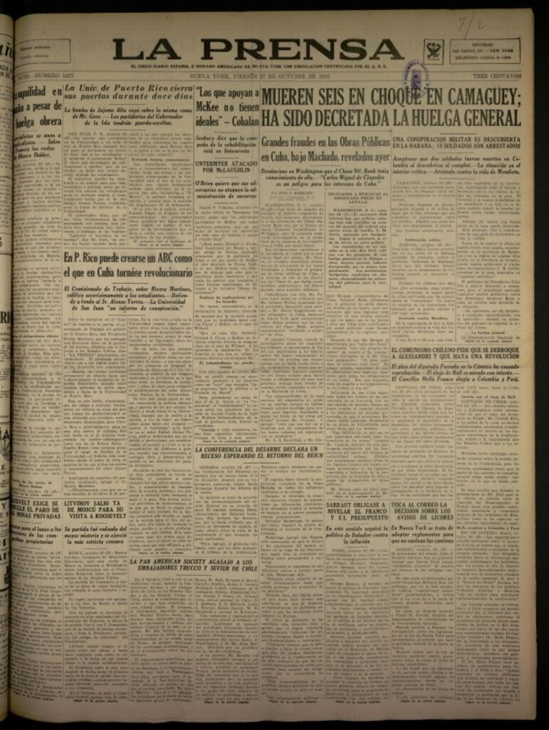 Miniatura de La Prensa: único diario español e hispano americano en Nueva York del 27 de octubre de 1933, nº 5227