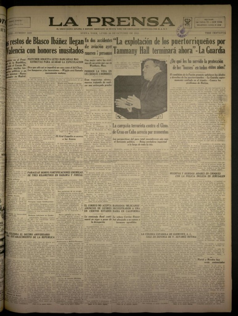 Miniatura de La Prensa: único diario español e hispano americano en Nueva York del 30 de octubre de 1933, nº 5229