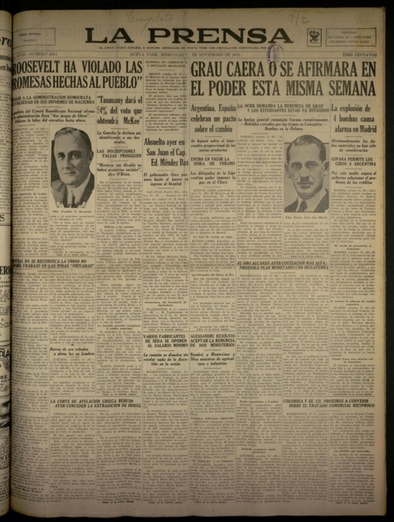 Miniatura de La Prensa: único diario español e hispano americano en Nueva York del 1 de noviembre de 1933, nº 5231
