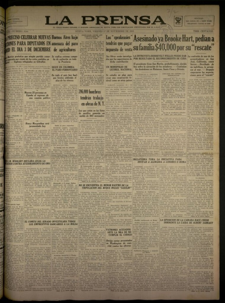 Miniatura de La Prensa: único diario español e hispano americano en Nueva York del 17 de noviembre de 1933, nº 5245
