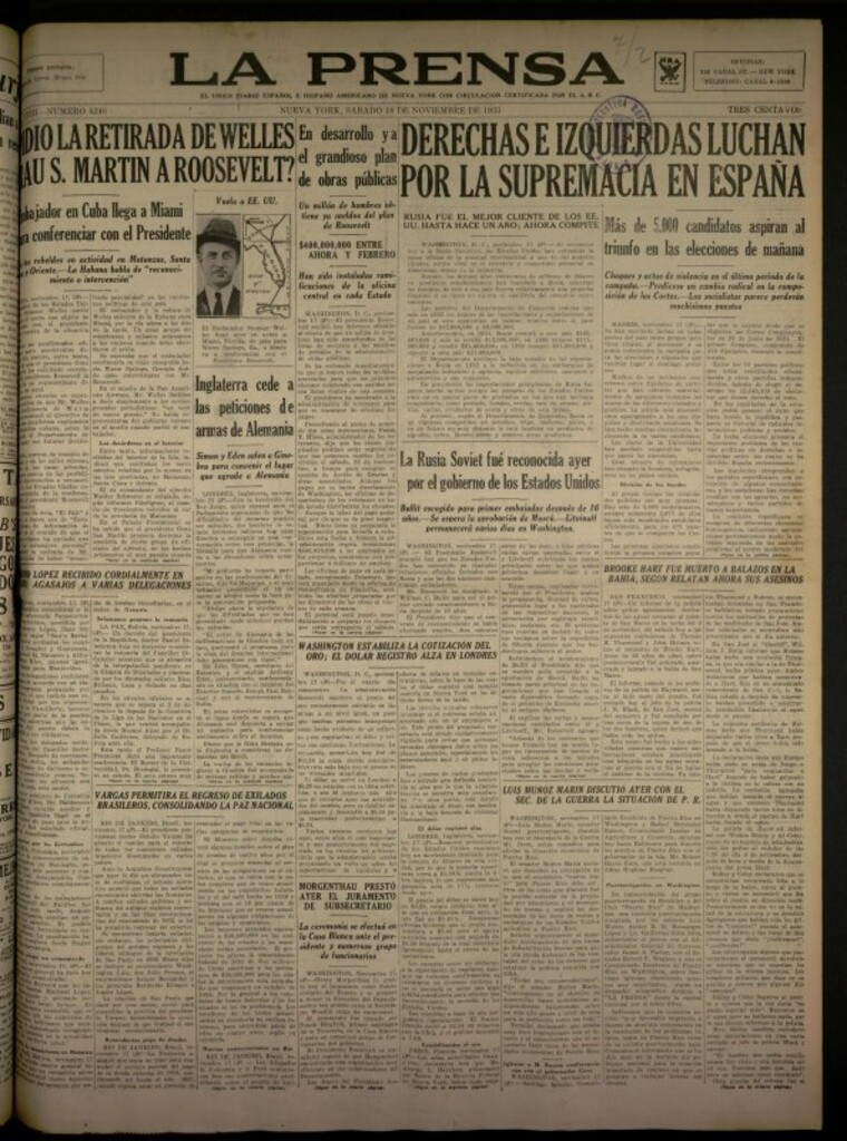 Miniatura de La Prensa: único diario español e hispano americano en Nueva York del 18 de noviembre de 1933, nº 5246