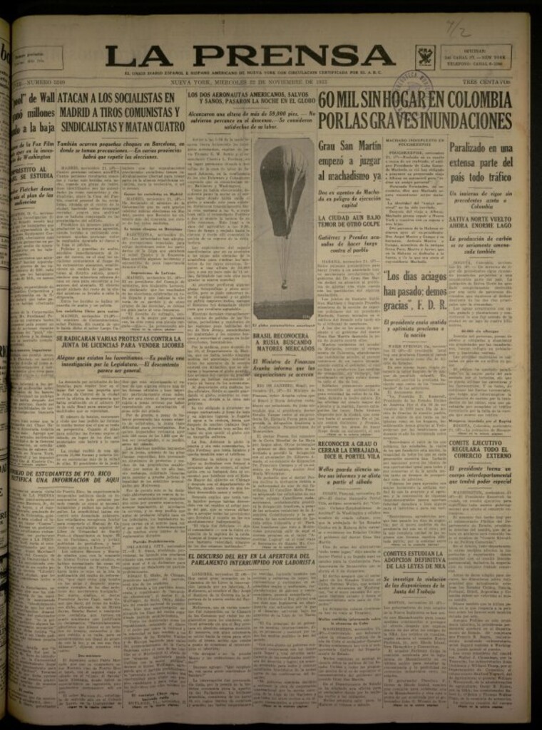 Miniatura de La Prensa: único diario español e hispano americano en Nueva York del 22 de noviembre de 1933, nº 5249