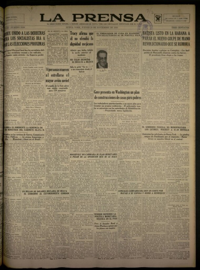 Miniatura de La Prensa: único diario español e hispano americano en Nueva York del 23 de noviembre de 1933, nº 5250
