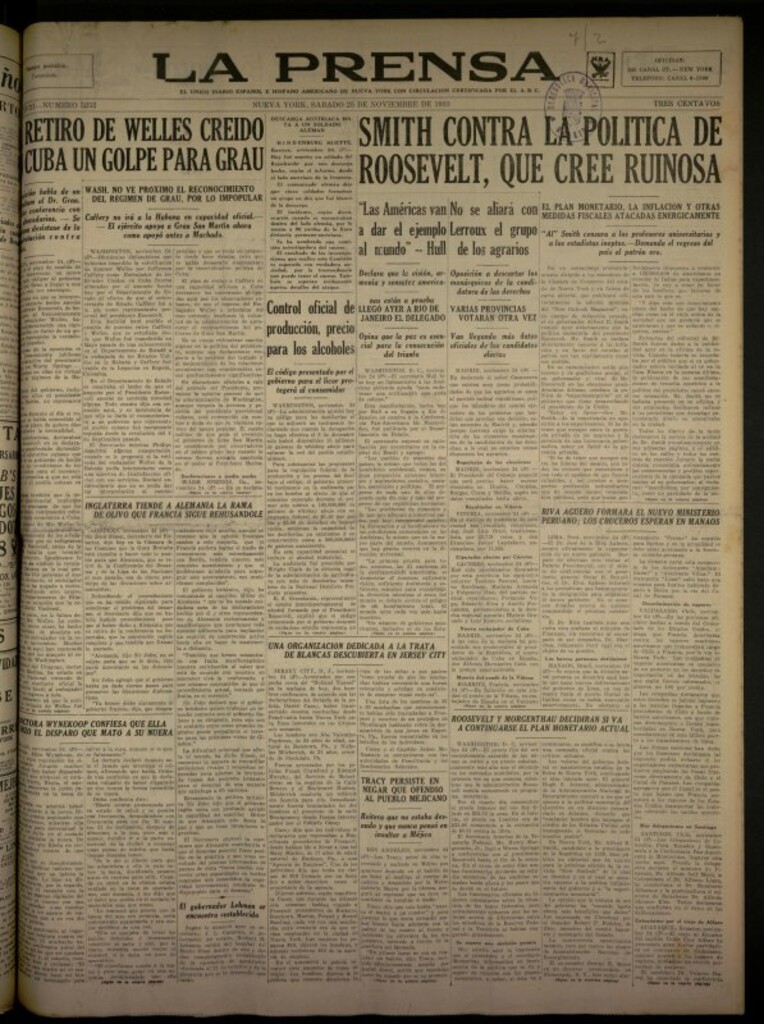 Miniatura de La Prensa: único diario español e hispano americano en Nueva York del 25 de noviembre de 1933, nº 5252