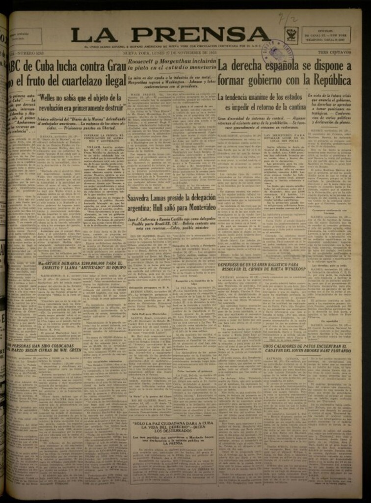 Miniatura de La Prensa: único diario español e hispano americano en Nueva York del 27 de noviembre de 1933, nº 5253