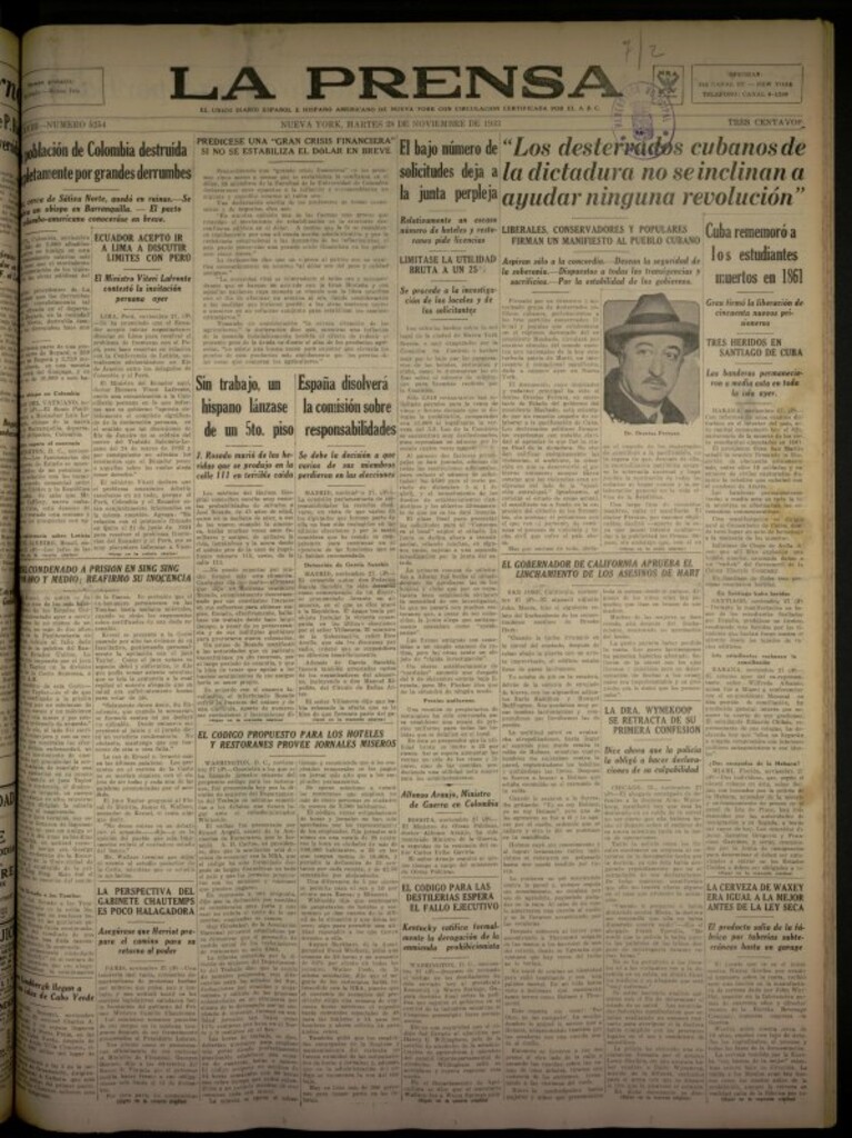 Miniatura de La Prensa: único diario español e hispano americano en Nueva York del 28 de noviembre de 1933, nº 5254