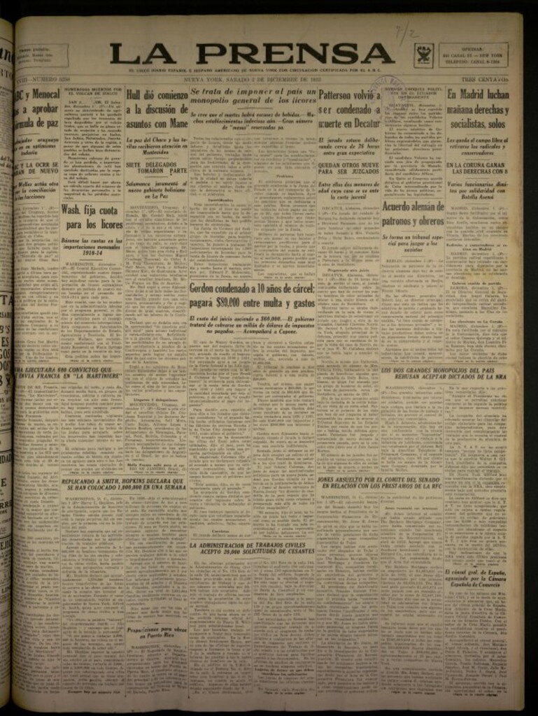 Miniatura de La Prensa: único diario español e hispano americano en Nueva York del 2 de diciembre de 1933, nº 5258