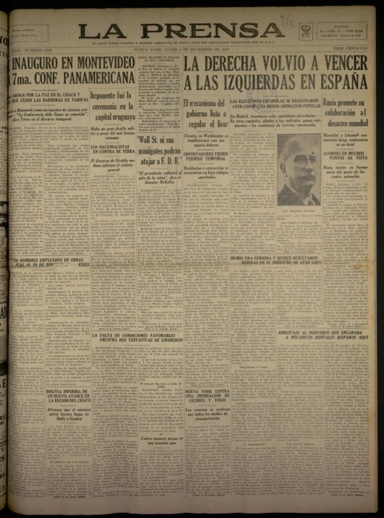 Miniatura de La Prensa: único diario español e hispano americano en Nueva York del 4 de diciembre de 1933, nº 5259