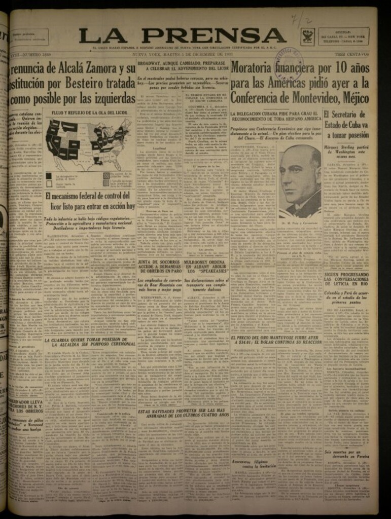 Miniatura de La Prensa: único diario español e hispano americano en Nueva York del 5 de diciembre de 1933, nº 5260