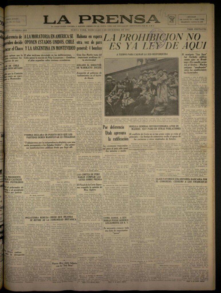 Miniatura de La Prensa: único diario español e hispano americano en Nueva York del 6 de diciembre de 1933, nº 5261