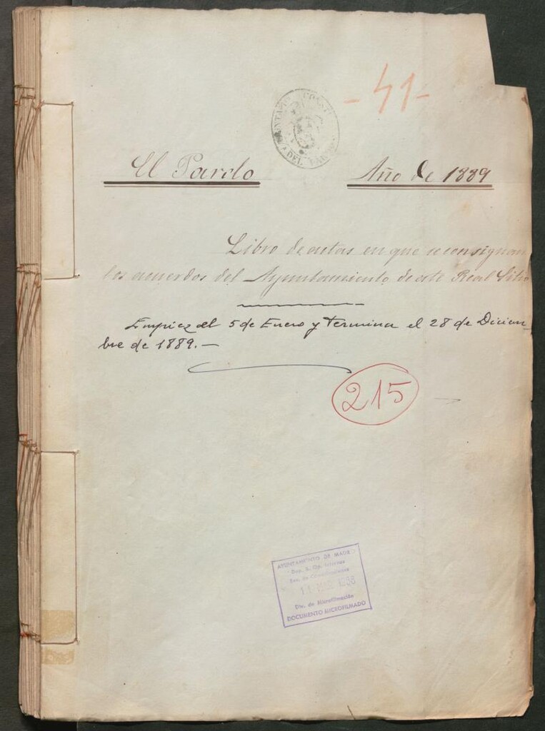 Miniatura de Actas y acuerdos del ayuntamiento de El Pardo de 1889. Libro 215.