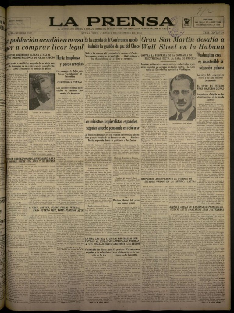 Miniatura de La Prensa: único diario español e hispano americano en Nueva York del 7 de diciembre de 1933, nº 5262