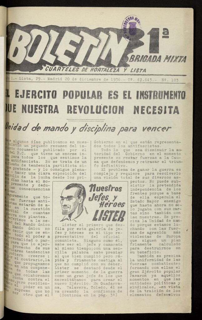 Miniatura de Boletín de la Primera Brigada Mixta. Cuarteles de Hortaleza y Lista