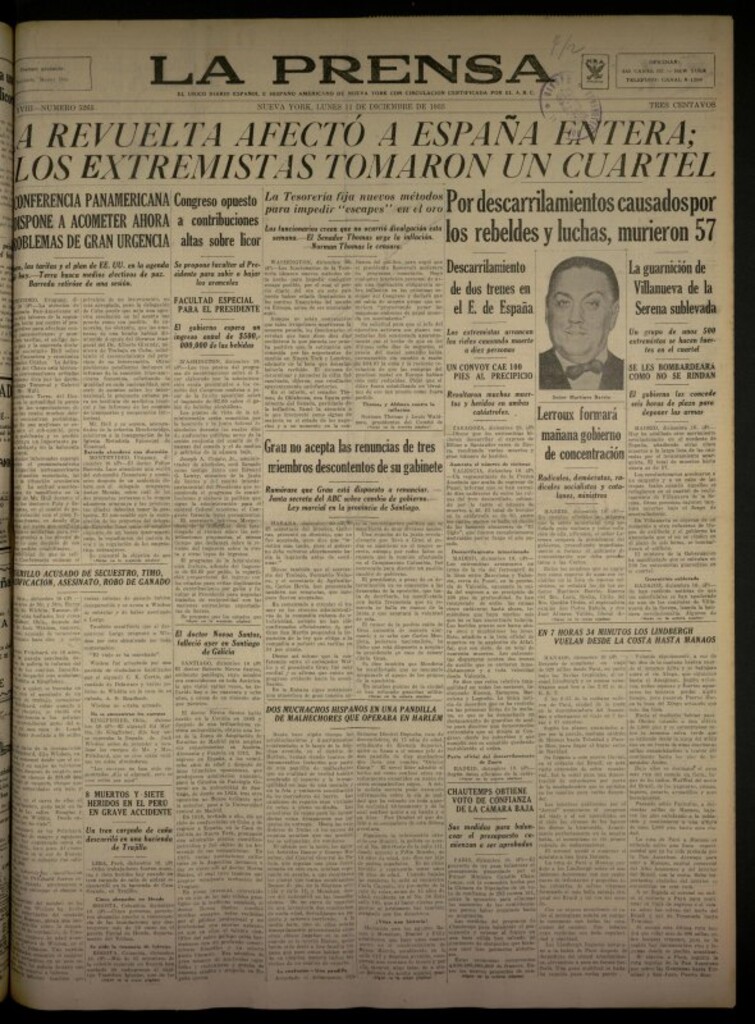 Miniatura de La Prensa: único diario español e hispano americano en Nueva York del 11 de diciembre de 1933, nº 5265