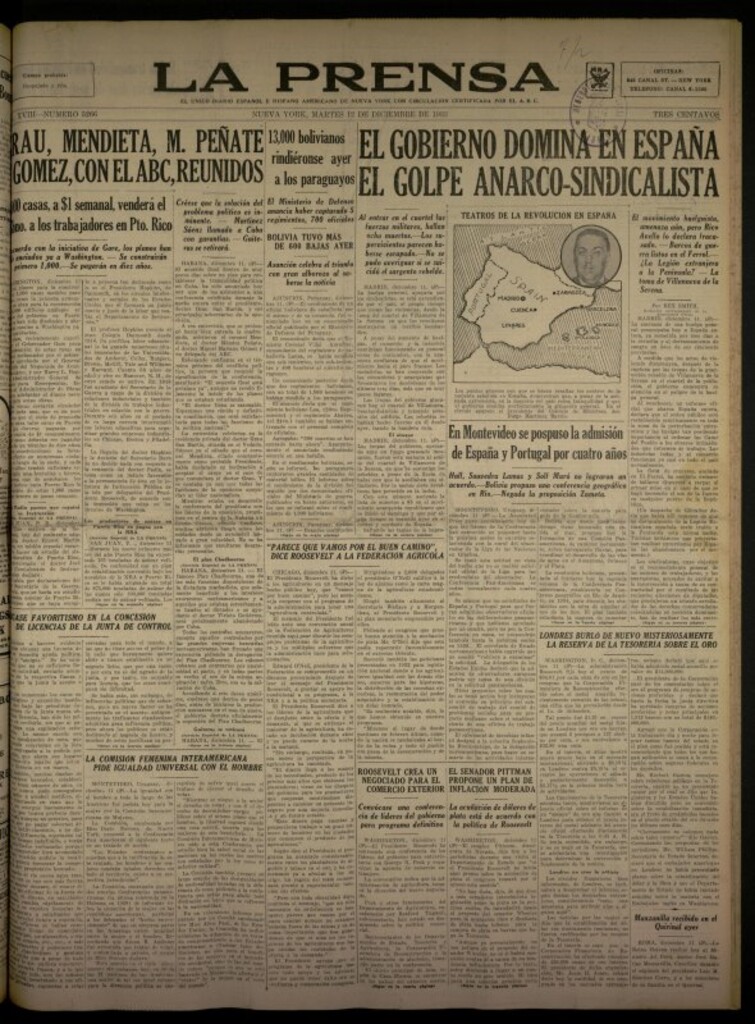 Miniatura de La Prensa: único diario español e hispano americano en Nueva York del 12 de diciembre de 1933, nº 5266