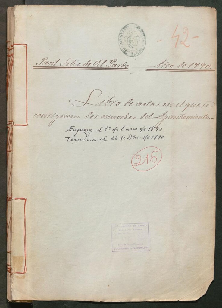 Miniatura de Actas y acuerdos del ayuntamiento de El Pardo de 1890. Libro 216.