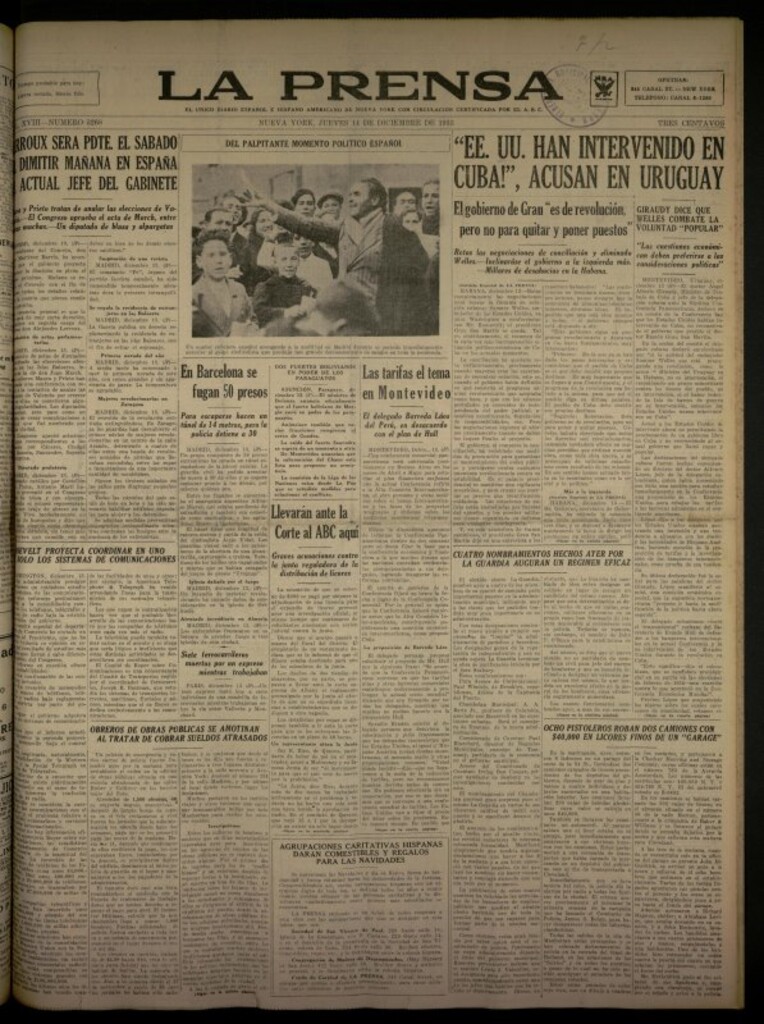 Miniatura de La Prensa: único diario español e hispano americano en Nueva York del 14 de diciembre de 1933, nº 5268