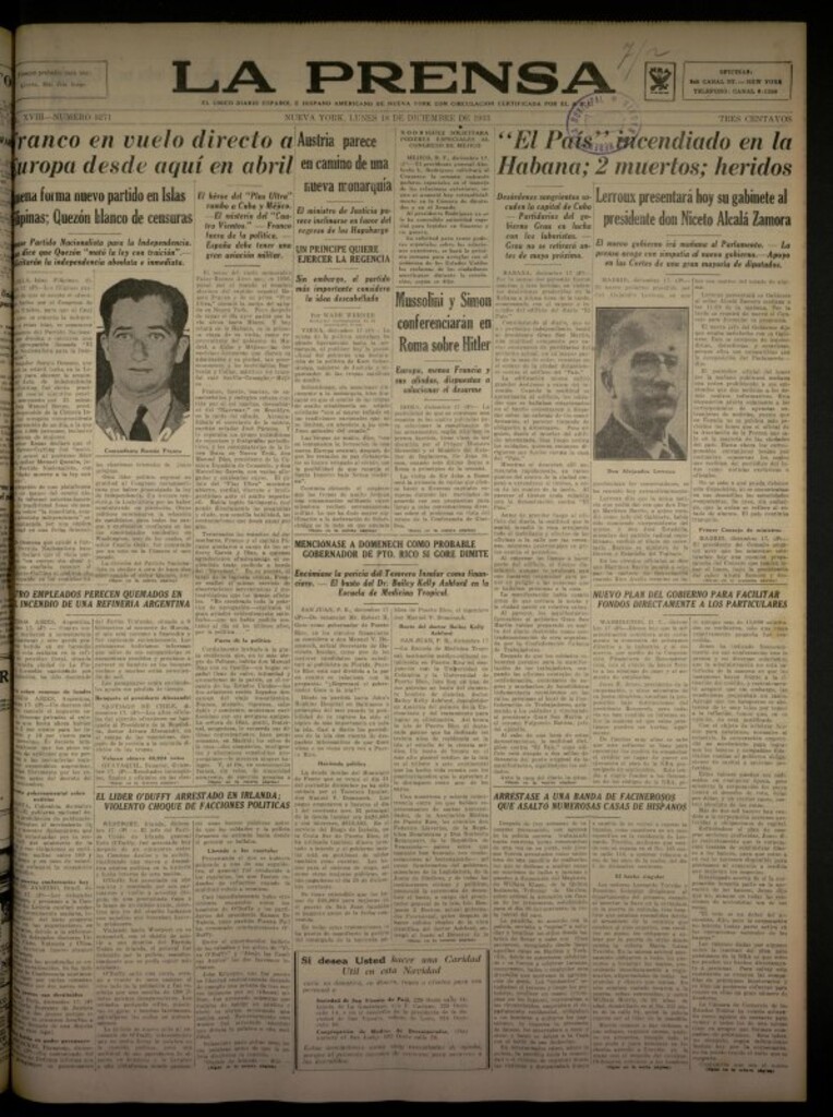 Miniatura de La Prensa: único diario español e hispano americano en Nueva York del 18 de diciembre de 1933, nº 5271