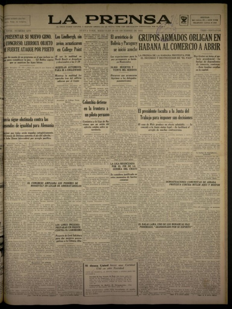 Miniatura de La Prensa: único diario español e hispano americano en Nueva York del 20 de diciembre de 1933, nº 5273