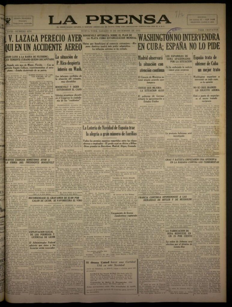 Miniatura de La Prensa: único diario español e hispano americano en Nueva York del 23 de diciembre de 1933, nº 5276