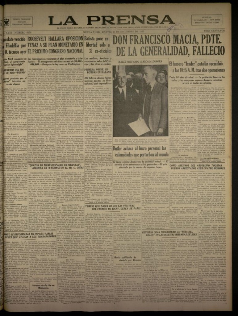 Miniatura de La Prensa: único diario español e hispano americano en Nueva York del 26 de diciembre de 1933, nº 5278