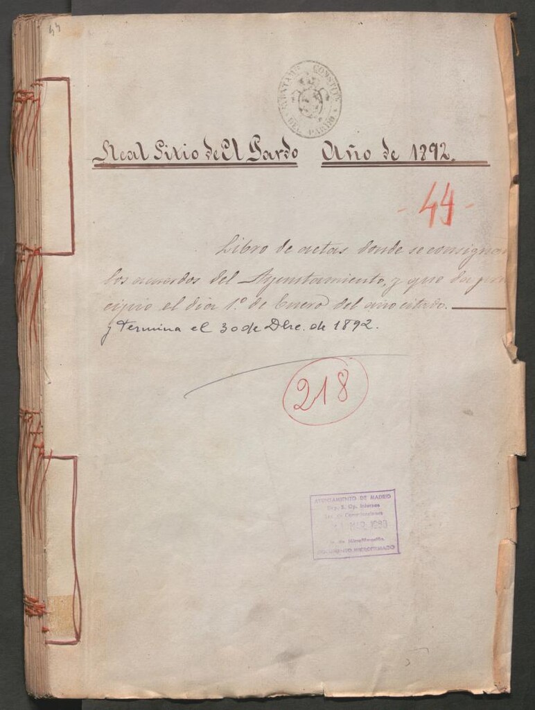 Miniatura de Actas y acuerdos del ayuntamiento de El Pardo de 1892. Libro 218.