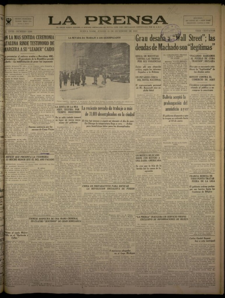 Miniatura de La Prensa: único diario español e hispano americano en Nueva York del 28 de diciembre de 1933, nº 5280