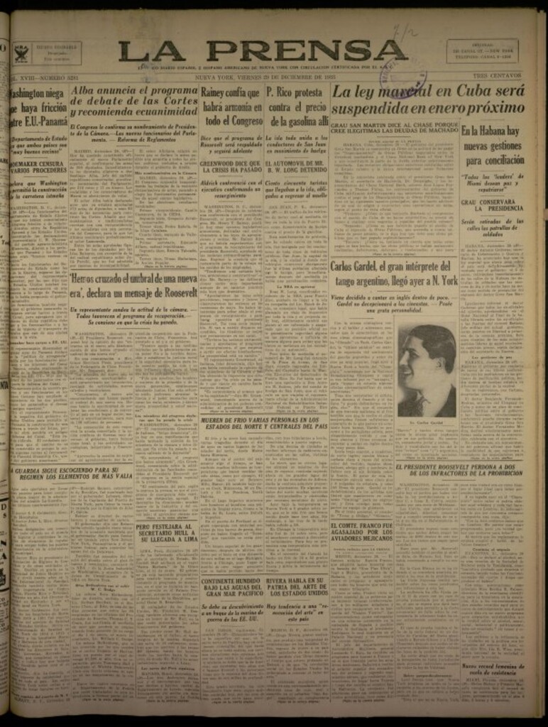 Miniatura de La Prensa: único diario español e hispano americano en Nueva York del 29 de diciembre de 1933, nº 5281