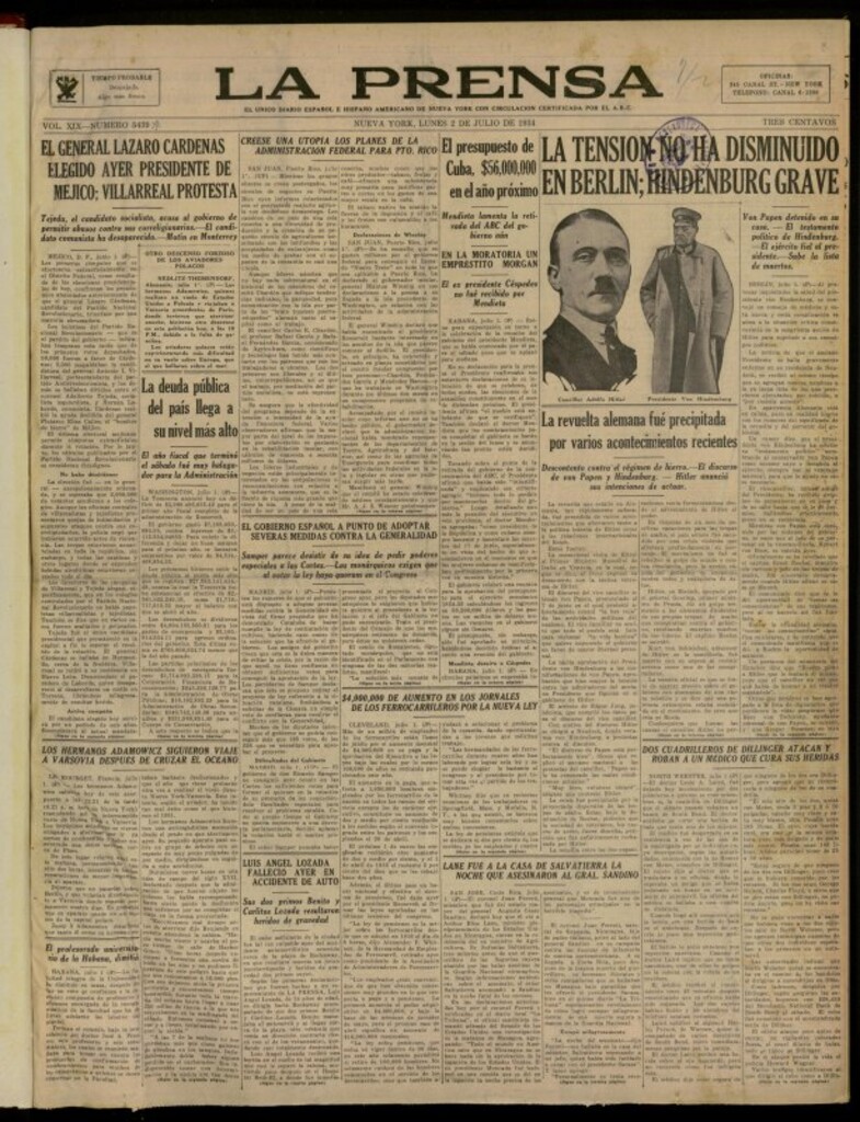 Miniatura de La Prensa: único diario español e hispano americano en Nueva York del 2 de julio de 1934, nº 5439