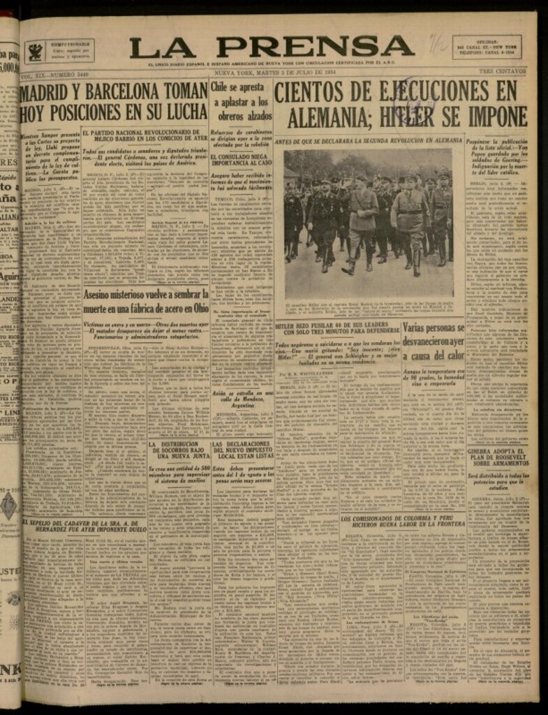 Miniatura de La Prensa: único diario español e hispano americano en Nueva York del 3 de julio de 1934, nº 5440