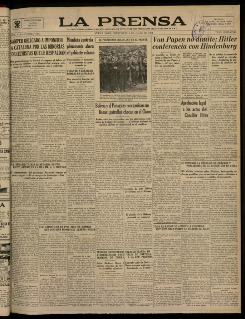 Miniatura de La Prensa: único diario español e hispano americano en Nueva York del 4 de julio de 1934, nº 5441