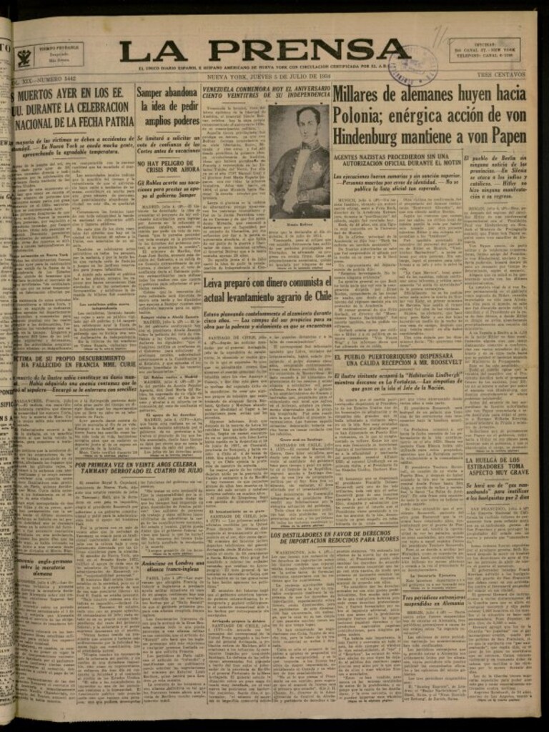 Miniatura de La Prensa: único diario español e hispano americano en Nueva York del 5 de julio de 1934, nº 5442