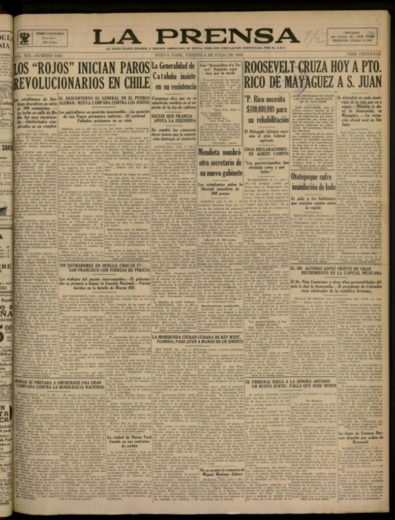 Miniatura de La Prensa: único diario español e hispano americano en Nueva York del 6 de julio de 1934, nº 5443