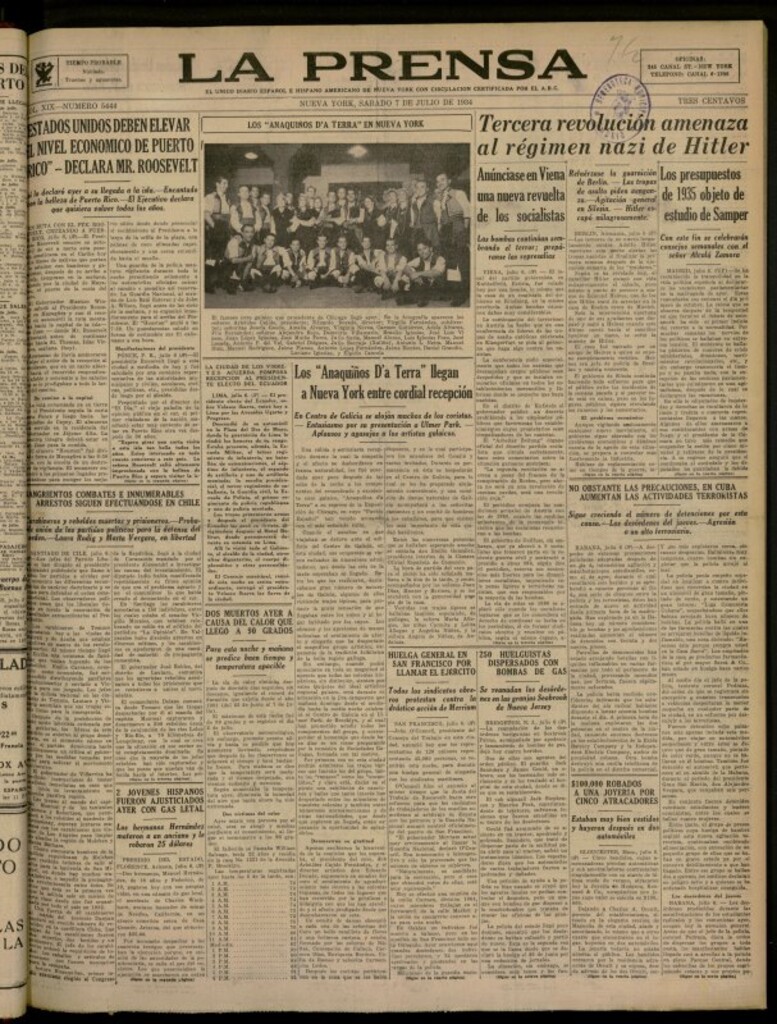 Miniatura de La Prensa: único diario español e hispano americano en Nueva York del 7 de julio de 1934, nº 5444