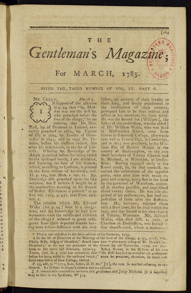 Miniatura de The Gentleman´s Magazine de marzo de 1785, vol. LV, parte I