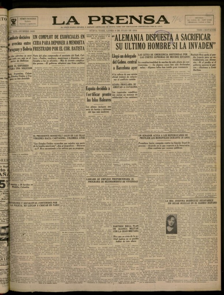 Miniatura de La Prensa: único diario español e hispano americano en Nueva York del 9 de julio de 1934, nº 5445