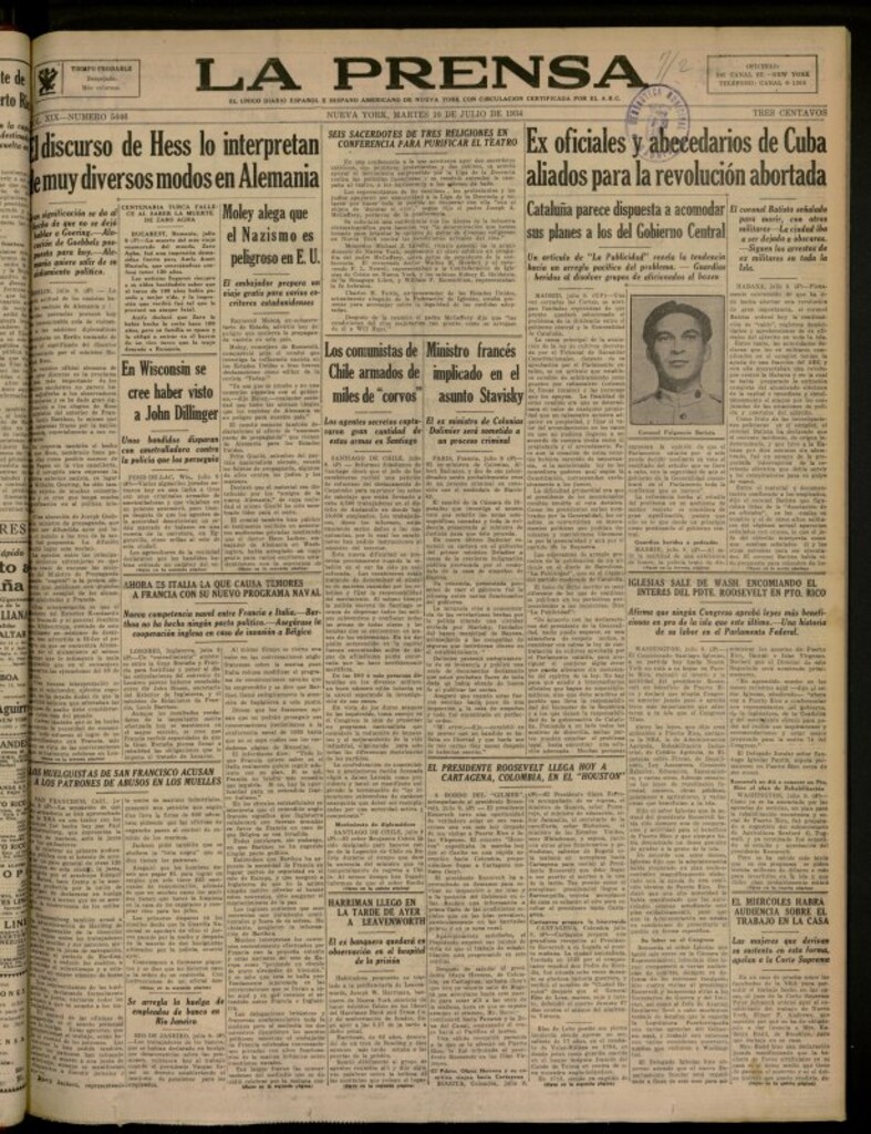 Miniatura de La Prensa: único diario español e hispano americano en Nueva York del 10 de julio de 1934, nº 5446